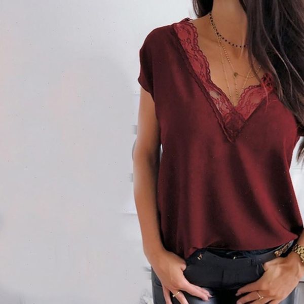 

2021 women blouse shirts summer casual loose short sleeve solid lace v neck chiffon female shirts blusa plus size, White