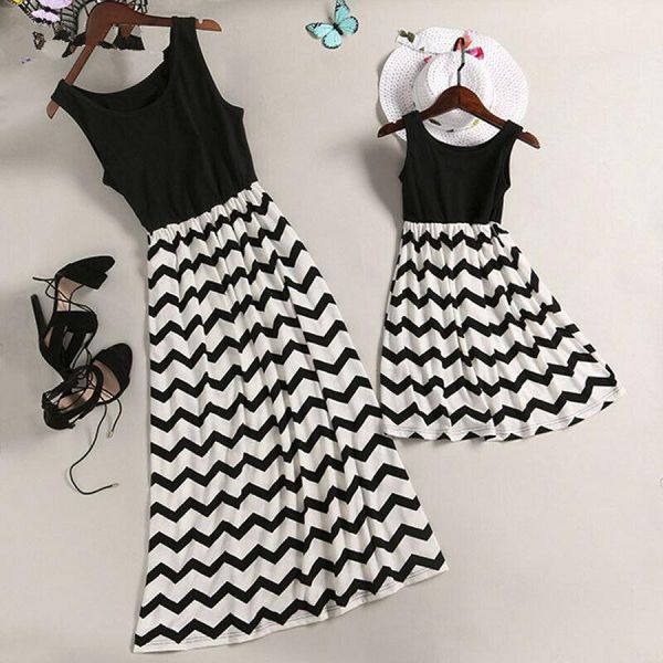 

berets family dress mother and daughter matching stripe womens girls long maxi dresses, Blue;gray