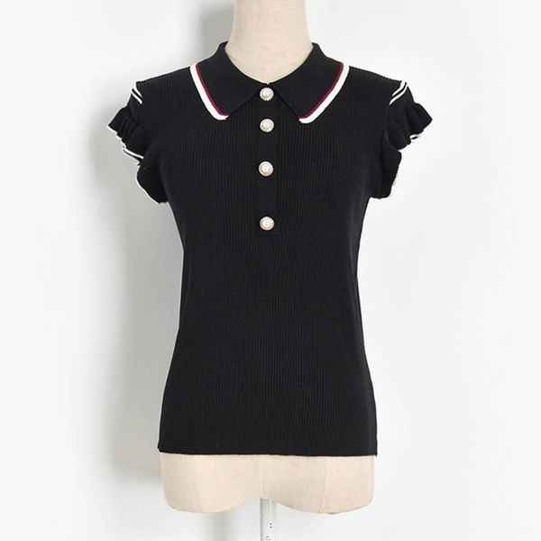 

new summer 2020 button t-shirt pearl color contrast fungus flying sleeve lapel pearl button t-shirt women's g20534 i3w77, White;black