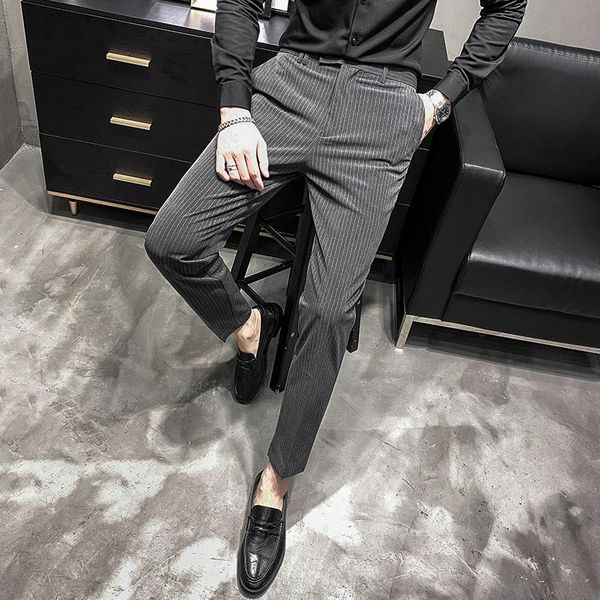 

men's pants autumn and winter casual hair stylist striped male korean version of the self-cultivation british lattice nine-point, Black