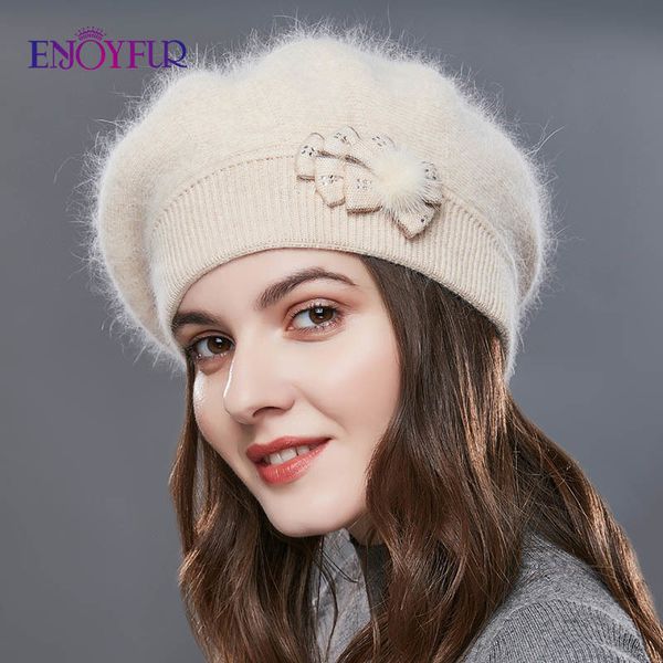 

enjoyfur cashmere beret hat female rabbit knitted winter hats caps lady middle-aged cap fashion bow-knot ball gorro warm hat 201027, Blue;gray