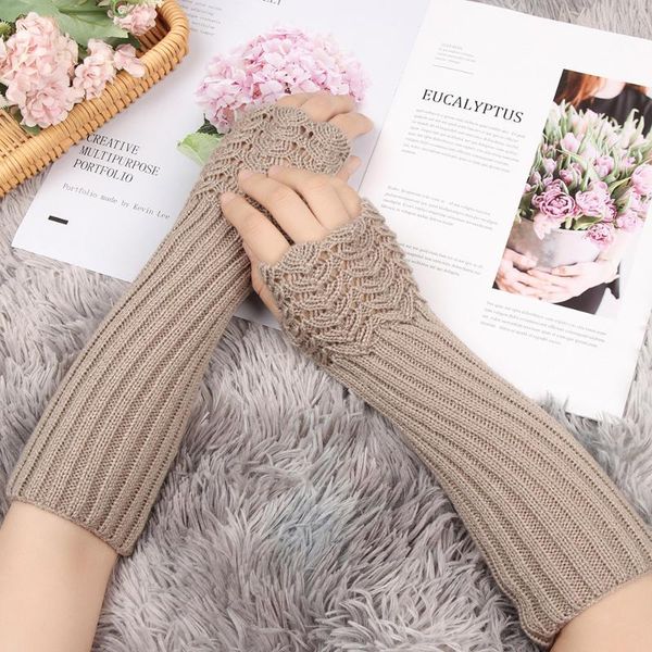 

five fingers gloves candy color elastic fashion soft women long knitted arm warmers thick warm girls fingerless mittens, Blue;gray