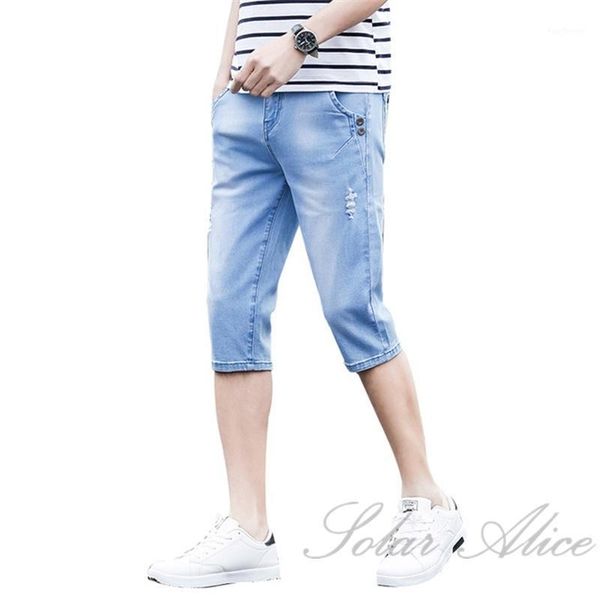 

men's jeans 2021 men's summer calf-length stretch small hole slim youth high-end casual shorts1, Blue