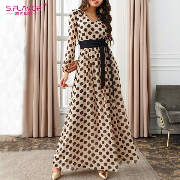 

s.flavor bohemian women long maxi dresses v-neck long sleeve dot print beach dress autumn winter female elegant slim dress, Black;gray