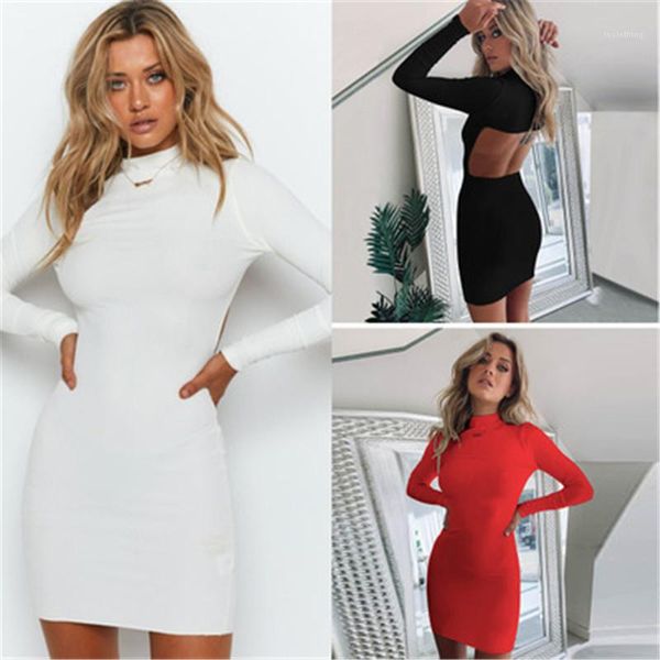

high neck bodycon dress ladies backless dress fashion trend long sleeve buttocks short skirt designer female casual solid color, Black;gray