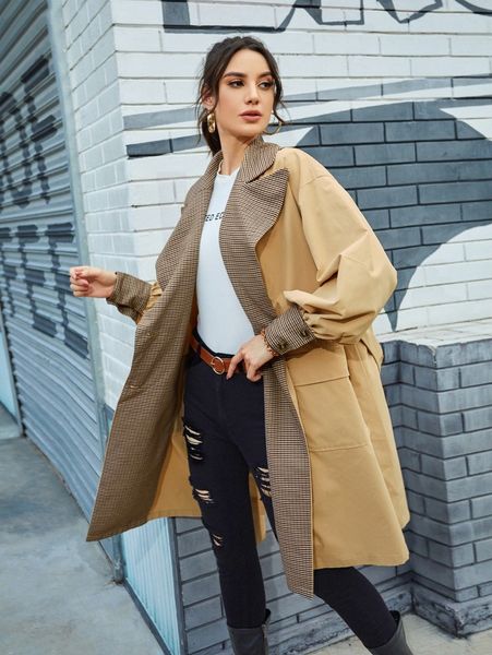 

plaid print drop shoulder double breasted belted coat e8ui#, Tan;black