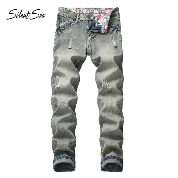 

silentsea mens jeans slim fit classic ripped jeans for men brand clothing italian style men pants hole1, Blue