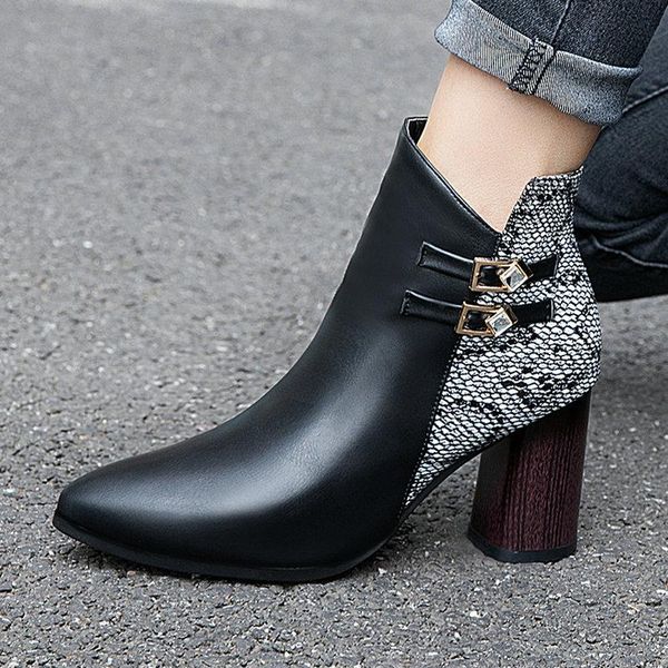 

nice new vintage ankle boots women autumn pointed toes pretty buckle shoes woman suare high heels office lady formal dress boot, Black