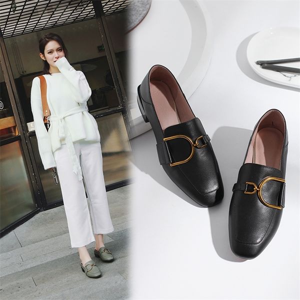

women genuine leather pumps spring and autumn cow leather pumps fashion shoes soft metal decoration british basic models lj200928, Black