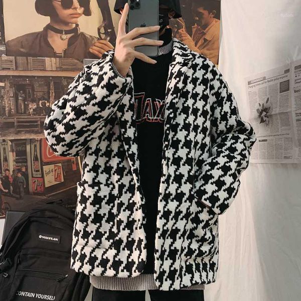 

autumn plaid woolen coat men's fashion casual retro woolen jacket mens treetwear wild loose coat male overcoat m-2xl1, Black