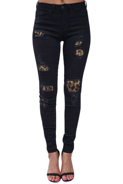

haoohu 2020 new women's ripped jeans fashion casual leopard print high waist tight stretch slim denim pencil pants, Blue