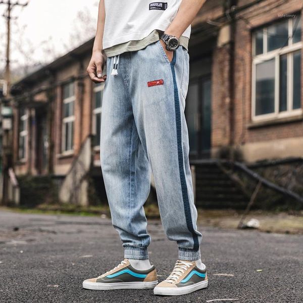 

japanese style vintage men jeans loose fit stripe spliced designer harem pants fashion streetwear slack bottom joggers jeans men1, Blue