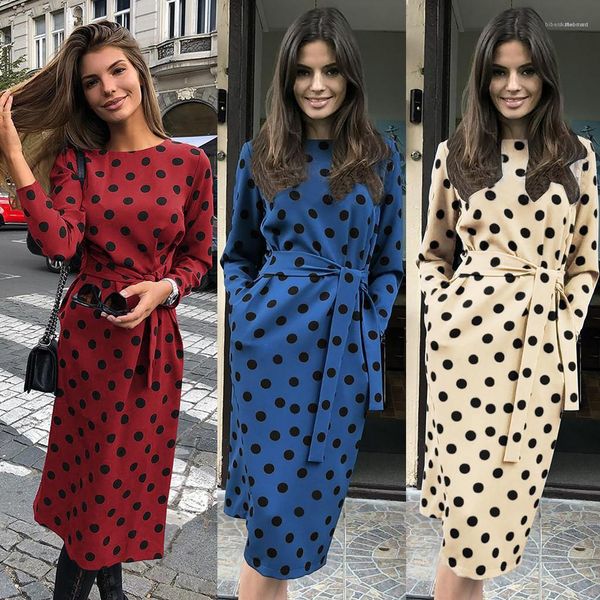 

dresses fashion female clothing womens designer polka dot dress autumn long sleeve crew neck print bandge, Black;gray