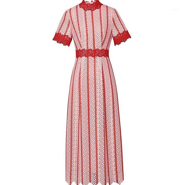 

2019 summer red striped lace mid-calf short sleeve bodycon fitted sheath dress1, Black;gray