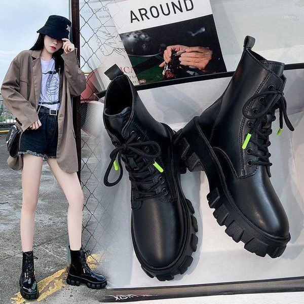 

round toe lace up boots booties ladies brand women's shoes flat heel winter boots-women black fashion rock riding 2021 lolita1