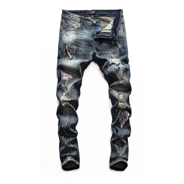 

2020 new designers men jeans casual straight rock revival jeans retro slim skinny jean fashion luxury ripped men hip hop mens skinny jeans, Blue