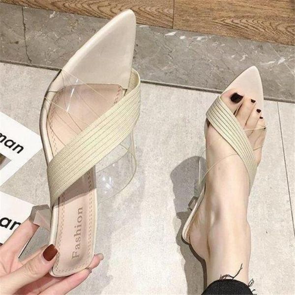 

pointed slippers women summer new transparent cross straps thick heel slippers high heels sandals and women shoes, Black