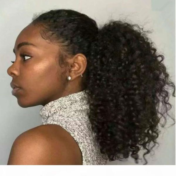 

100% human hair ponytail afro kinky curly wrap around ponytail extensions, brazilian virgin hair pony tail afro kinky curly hair 1b 120g, Black
