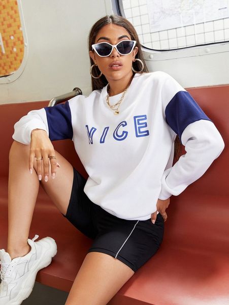 

letter graphic contrast panel pullover 59js#, White;black