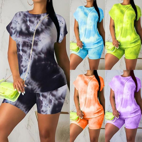 

tie dye women set summer tie dye short sleeve shirt loose and biker shorts casual two piece set streetwear outfits tracksuit, Gray