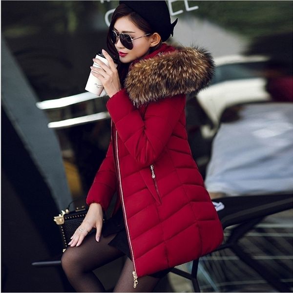 

big fur collar new women down cotton middle length coat jacket feminine long sleeve slim outwear with zipper plus size 6xl 201029, Black