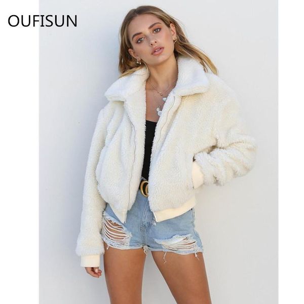 

oufisun women autumn winter short coats casual zipper lambswool jacket streetwear feminine sofe coats plus size women, Black;brown