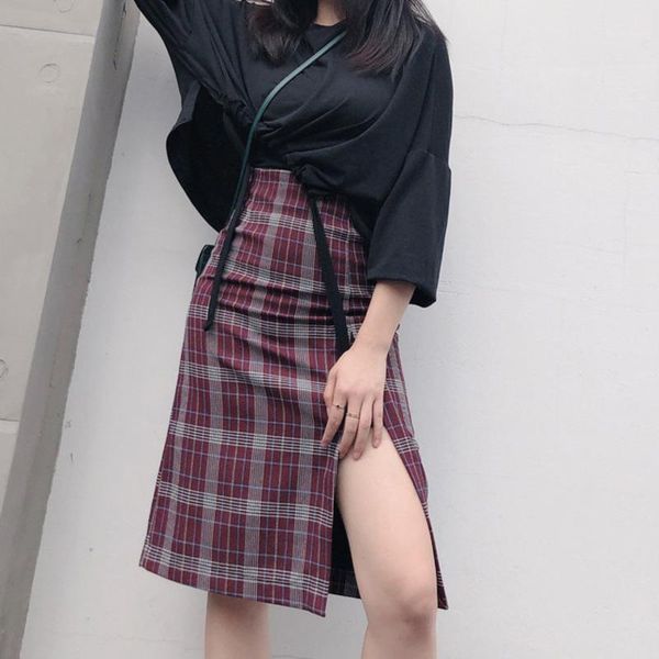 

new women vintage high slit wine red plaid skirt spring a-line mid long package hip skirt slim casual skirts shorts plus size1, Black