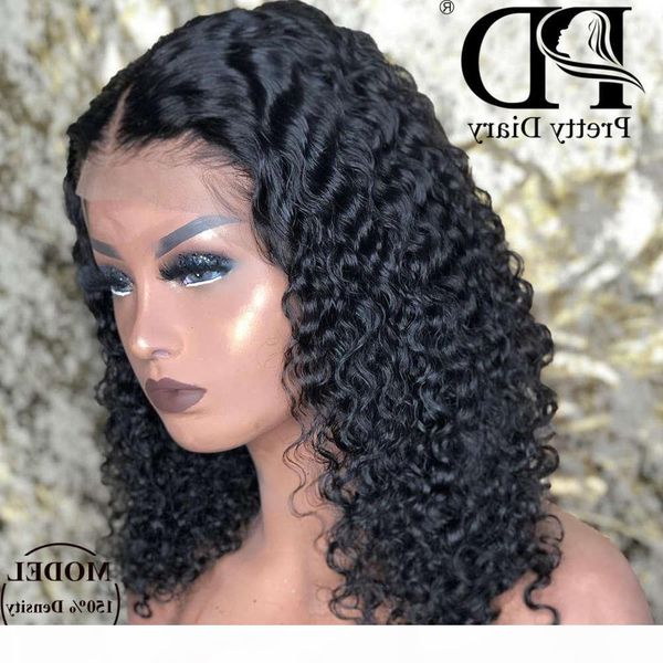 

malaysian jerry curly short bob lace front human hair pre plucked for black women glueless 13x4 deep wave frontal wig remy, Black;brown