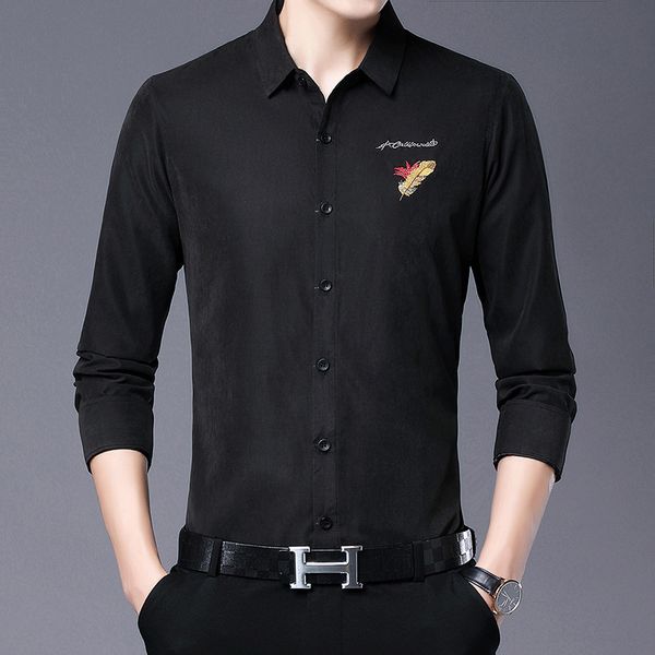 

long sleeve 2020 spring men's slim inch trend handsome embroidered shirt thin, White;black