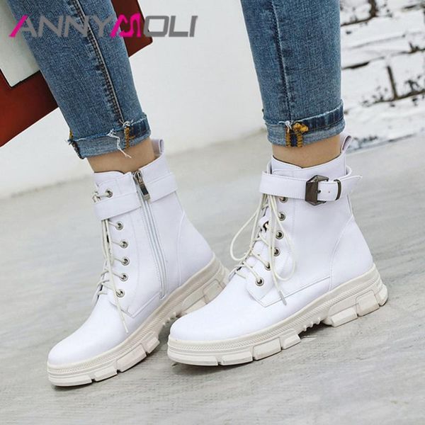 

boots annymoli motorcycle women platform flat ankle zipper round toe short female shoes autumn winter white size 431, Black