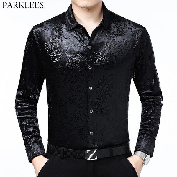 

luxury chinese dragon embroidery velvet shirt men slim fit long sleeve casual shirts mens button down social party chemise 4xl1, White;black