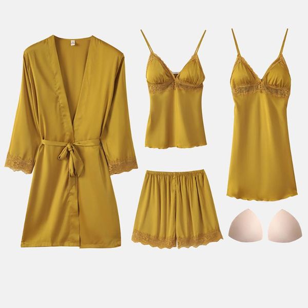 

women's sleepwear korean version of the four-piece ice silk pajamas ladies lace chest pad home service set, Black;red