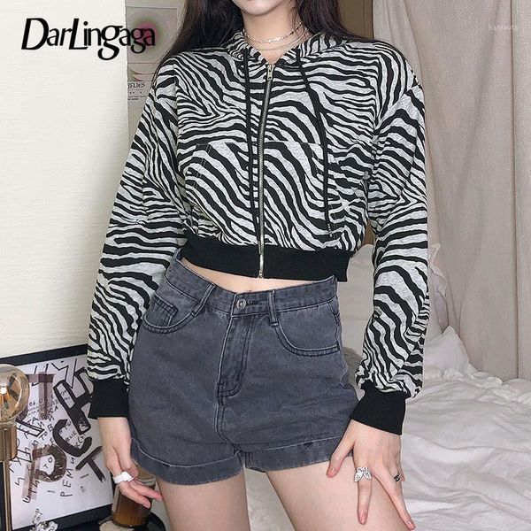 

darlingaga animal zebra pattern zip up autumn hoodies patchwork casual cropped winter clothes jacket coat kpop women hoodie 20201, Black