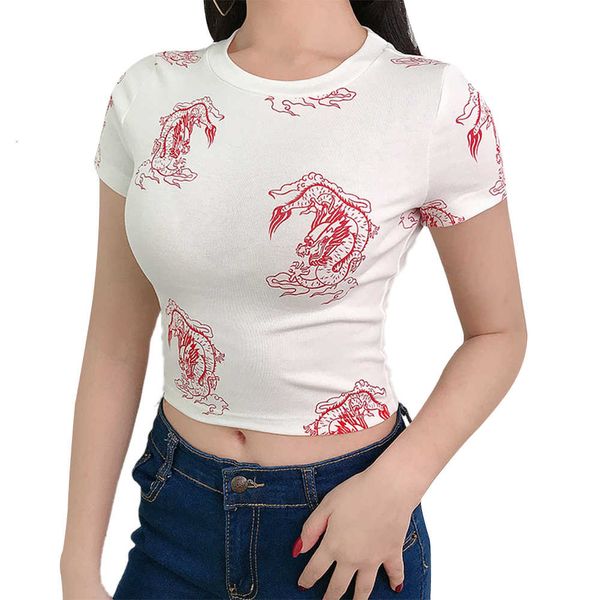

new women's short sleeve dragon print t-shirt summer round neck slim fit crop fashion breathable tight, White