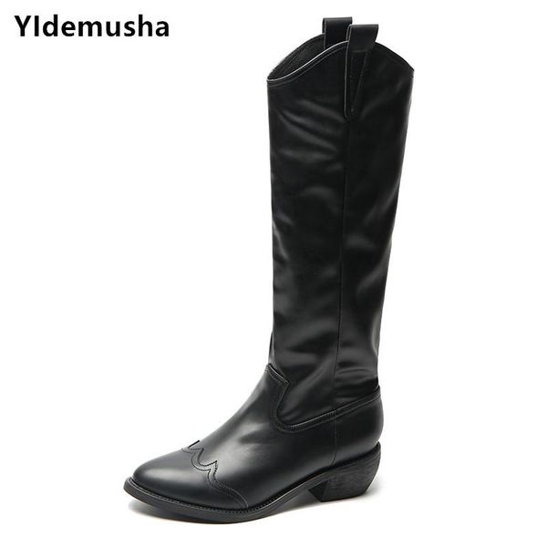 

boots 2021 fashion cowboy western knee high women pointed toe european style autumn winter pu thick heels woman, Black