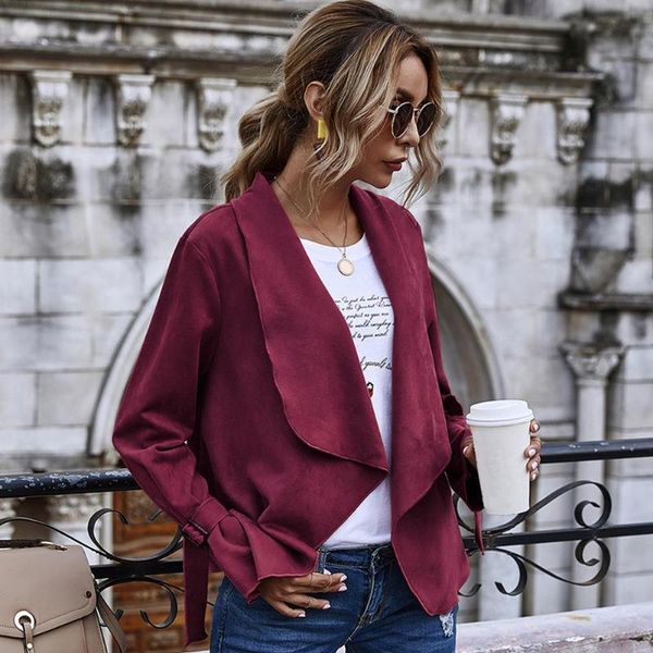 

autumn winter women solid color lapel collar short jacket open front suede coat, Black;brown