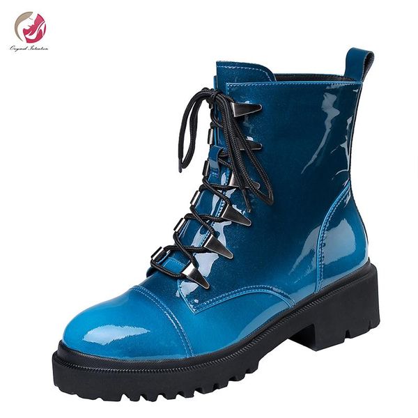 

boots original intention stylish gradient patent leather ankle woman round toe square heels cross-tied platform short, Black