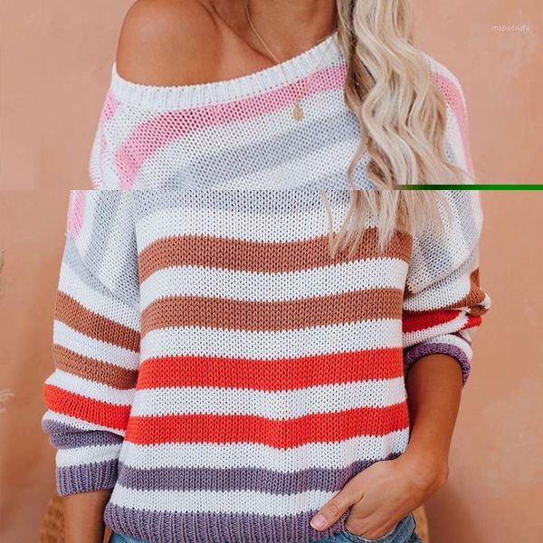 

meyooe 2020 women pullover sweater autumn winter striped colorblock o neck long sleeve knitted casual sweater for women1, White;black
