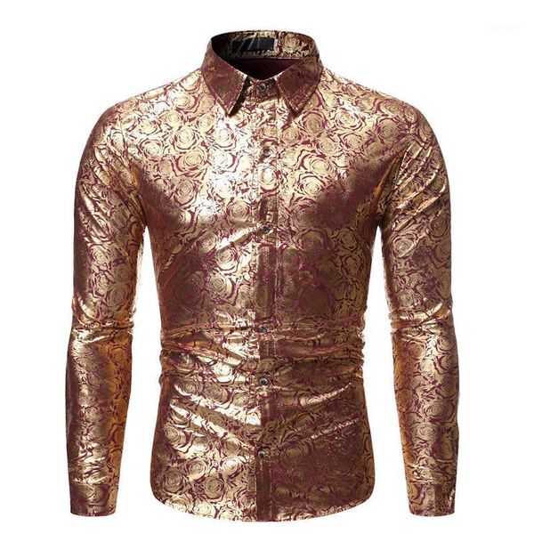 

men's casual shirts mens slim fit button down dress gold rose floral brozing nightclub shirt men party wedding prom male camisas hombre, White;black