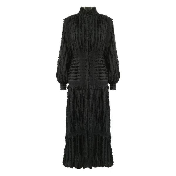 

2020 spring new fashion bohemian style super fairy pattern print stand collar puffy sleeves high waist lace catwalk party dress, White;black