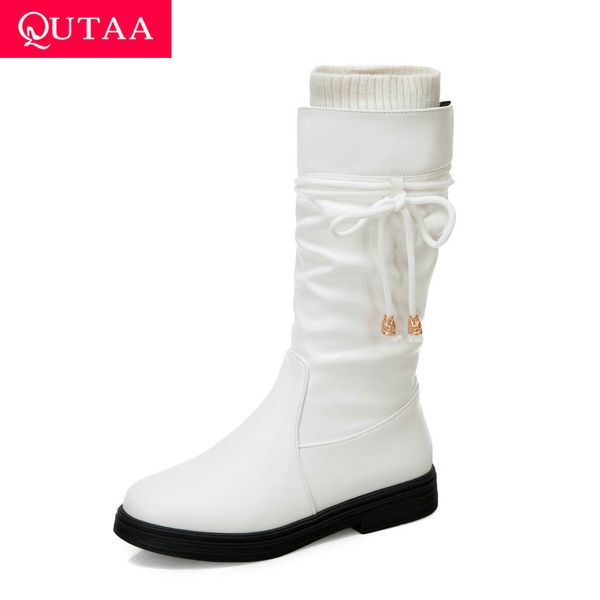 

qutaa 2021 knee high women boots round toe pu knitting slip on women shoes autumn winter keep warm lace up ladies boot size34-43, Black