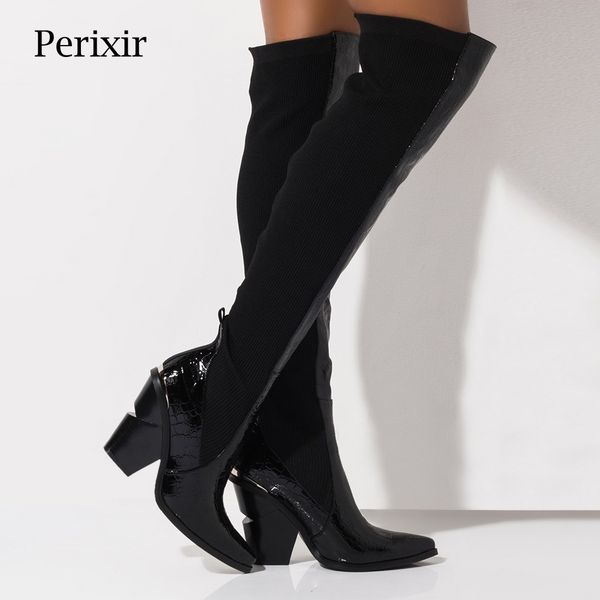 

perixir зима за колено высокие сапоги женщины black boots stretch ткани высокий каблук скольжения на обувь острым носом женщина длинные сапо