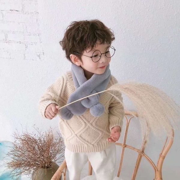 

warm children's solid winter baby soft plush scarf boys and girls versatile bright color ball neck fashion, Red;brown