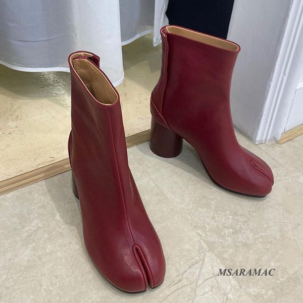 

Genuine Leather Ankle Boots Round High Heel Split Toe Short Boots Hooked INS Fashion Ladies Designer Winter Shoes Women, Black