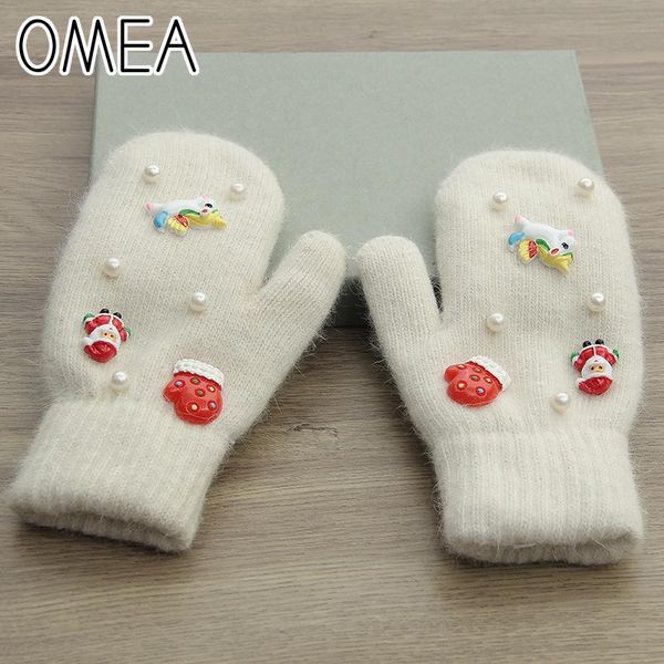 

omea angora fur winter gloves women pearl fuzzy fingerless gloves double layers santa claus cashmere black christmas gift, Blue;gray