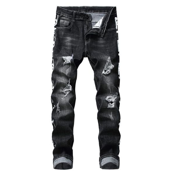 

moruancle men's letters printed ripped jeans casual slim fit holes distressed stretch denim pants black light blue