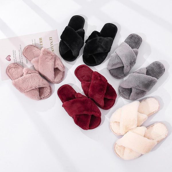 

slippers explosive cross plush for fall/winter indoor warm cotton with thickened leaky toes and versatile personality, Black