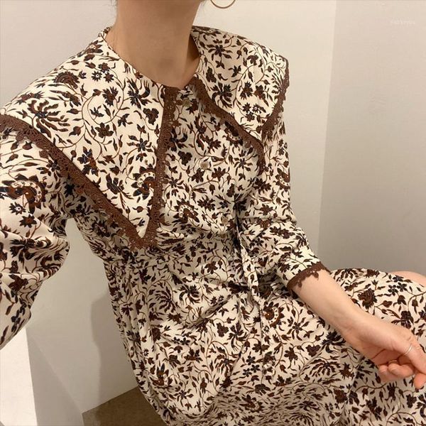 

2020 autumn winter vintage floral printed long woman dress full sleeve lace trim turn-down collar single breasted ladies dresses1, Black;gray