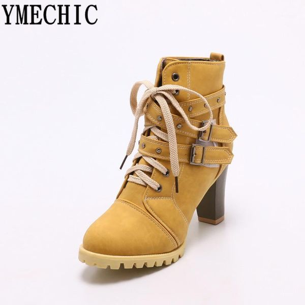 

boots ymechic 2021 winter cross strap buckle rivet ladies high heels womens ankle lace up combat motorcycle blue1, Black