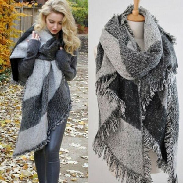 

warm women large scarves cashmere winter wool blend long soft scarf wrap shawl scarf patchwork thick, Blue;gray